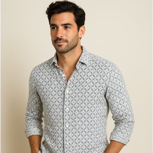 FRANK & EILEEN Finbar Linen Button Down Shirt Geo Triangles Sz M {3B28} - Picture 1 of 5